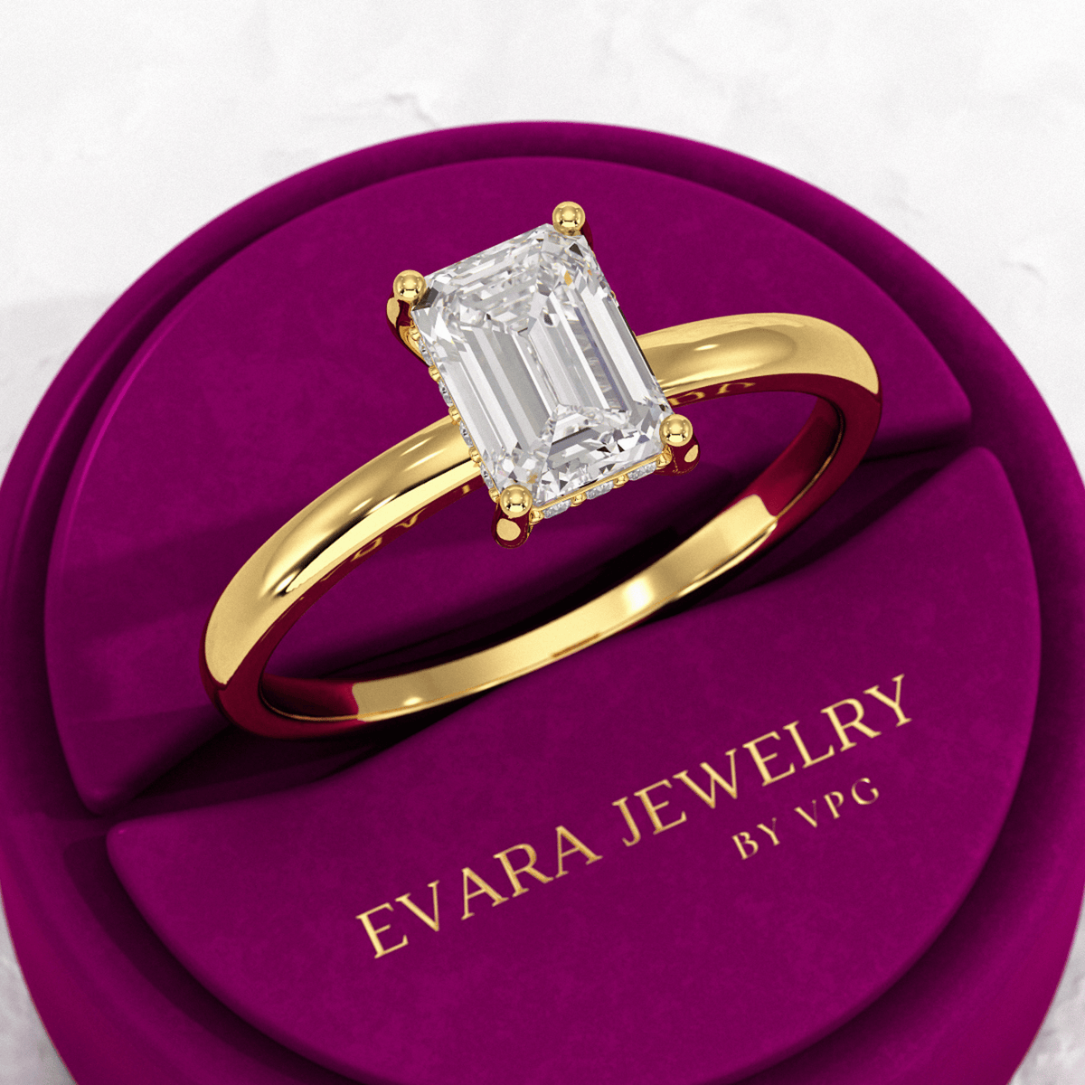 1 Carat Emerald Diamond Minimalist Ring with Hidden Halo in 14K Yellow Gold - Evara Jewelry LLC
