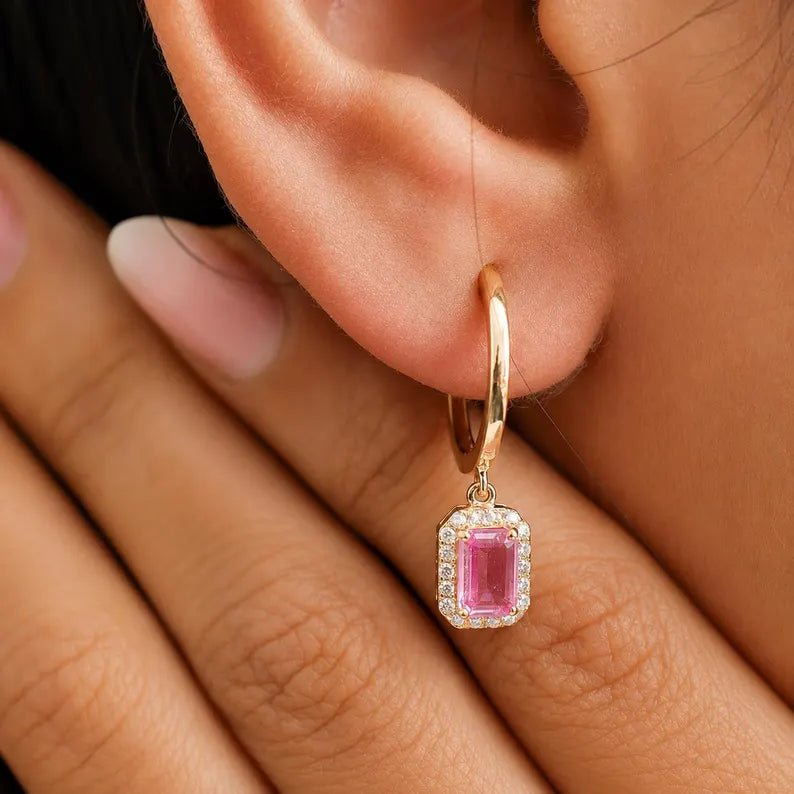 1 Carat Natural Pink Sapphire Hoop Earrings: Emerald Cut, 14K Yellow Gold - Evara Jewelry LLC