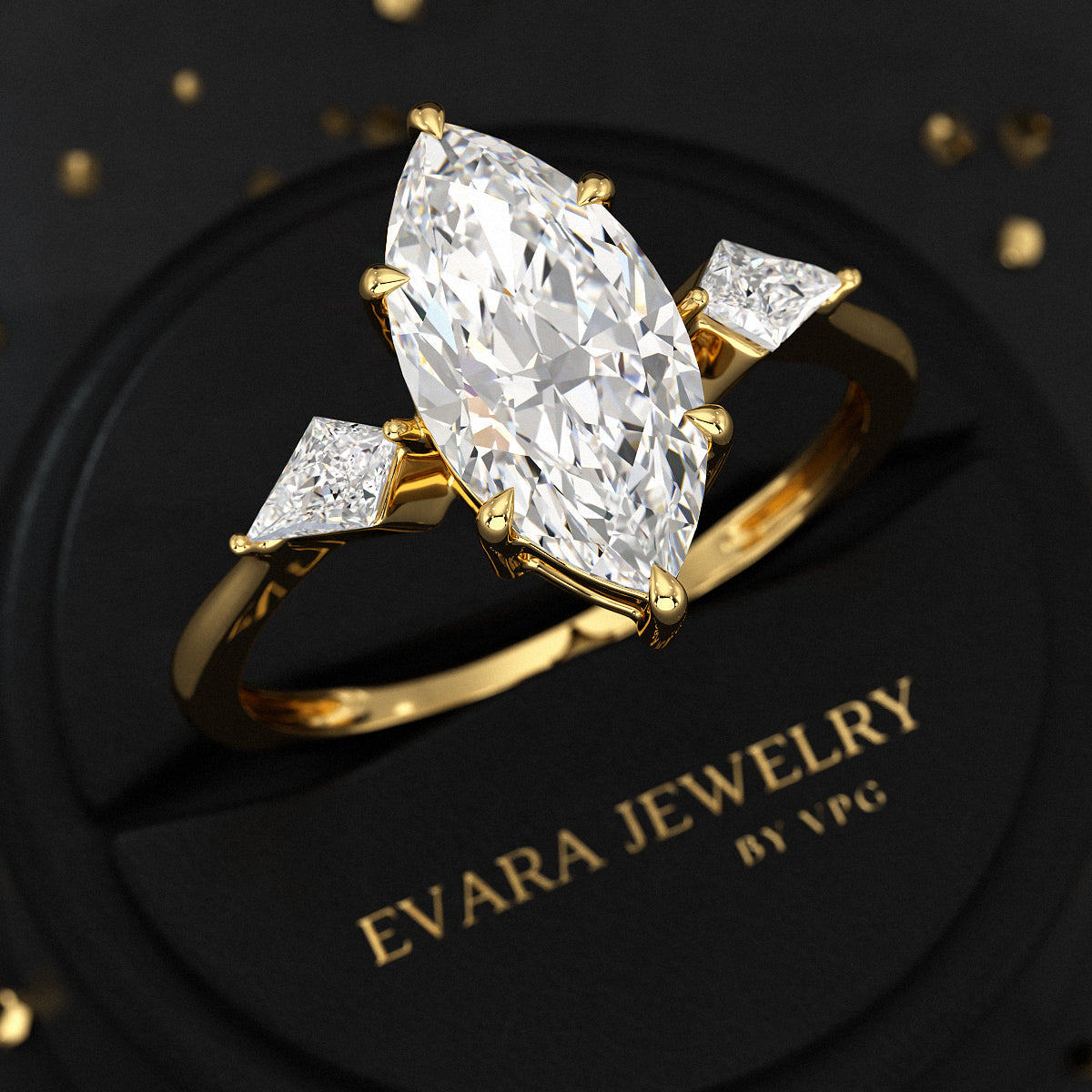 2 Carat Marquise Cut Lab Grown Diamond 3 Stone Engagement Ring with Kite Accent Stone - Evara Jewelry LLC