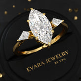 2 Carat Marquise Cut Lab Grown Diamond 3 Stone Engagement Ring with Kite Accent Stone - Evara Jewelry LLC
