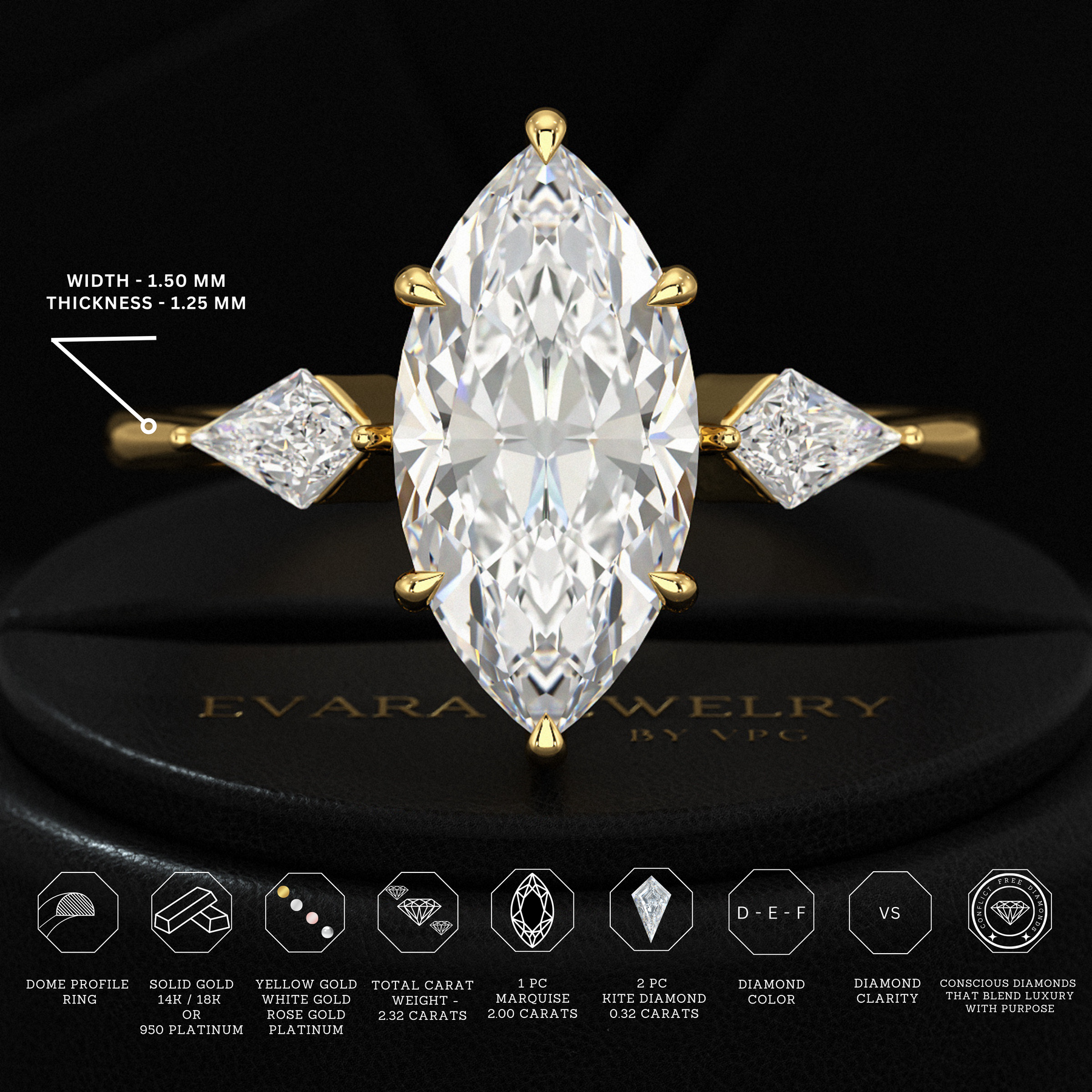 2 Carat Marquise Cut Lab Grown Diamond 3 Stone Engagement Ring with Kite Accent Stone - Evara Jewelry LLC