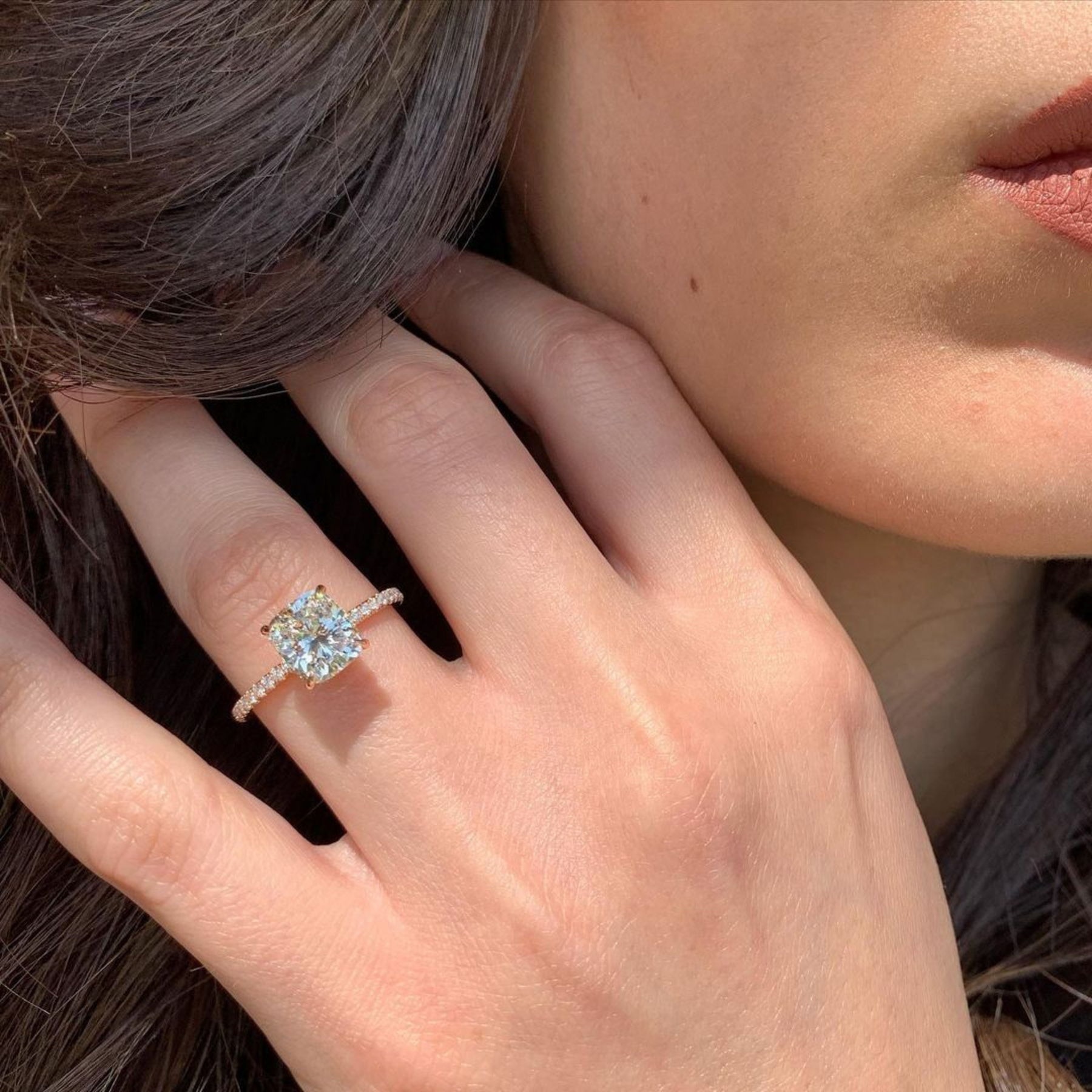 3 Carat Cushion Cut Diamond Engagement Ring with Pave Band - Evara Jewelry LLC