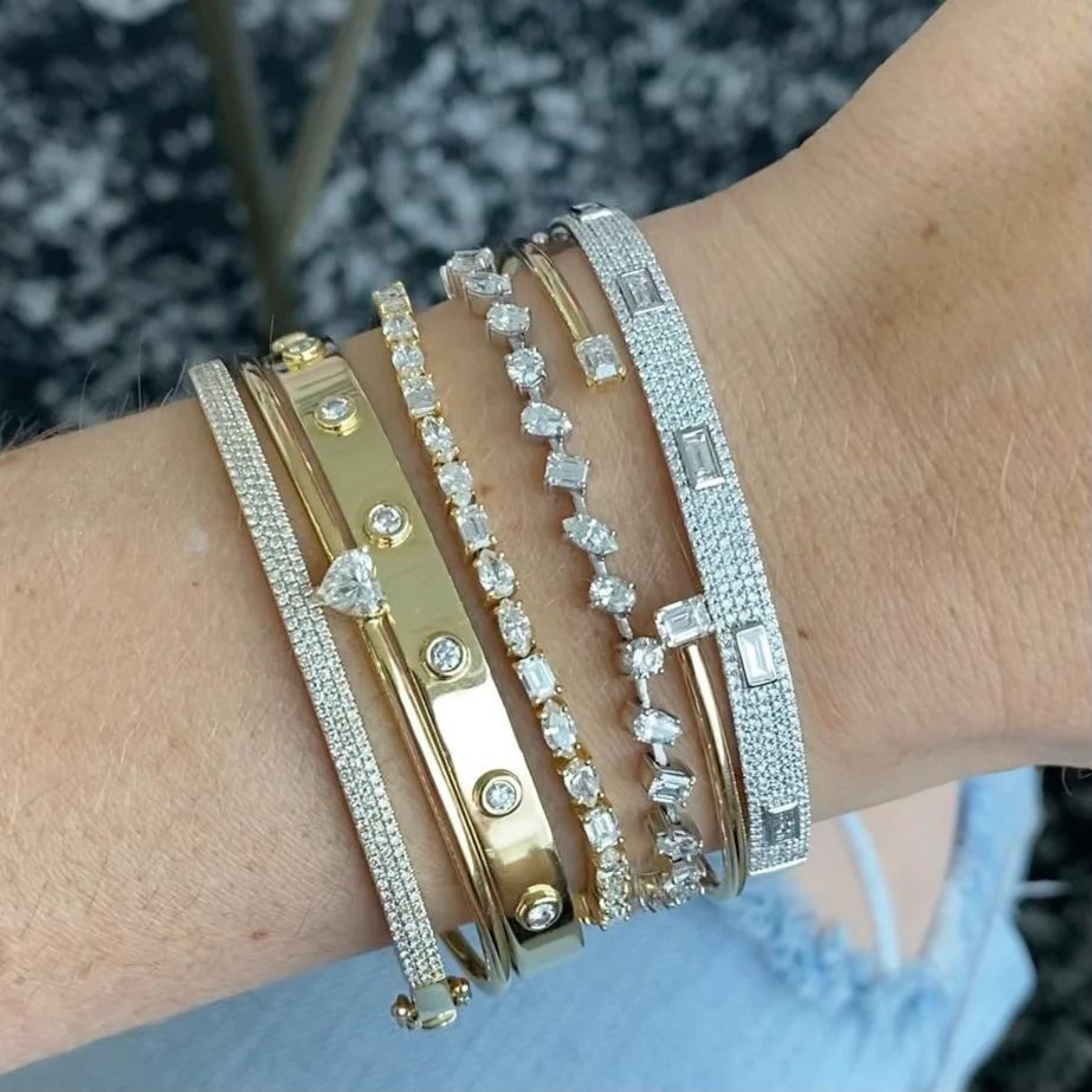 Diamond Round & Baguette Luxury Cuff Bracelet in Gold - Evara Jewelry LLC