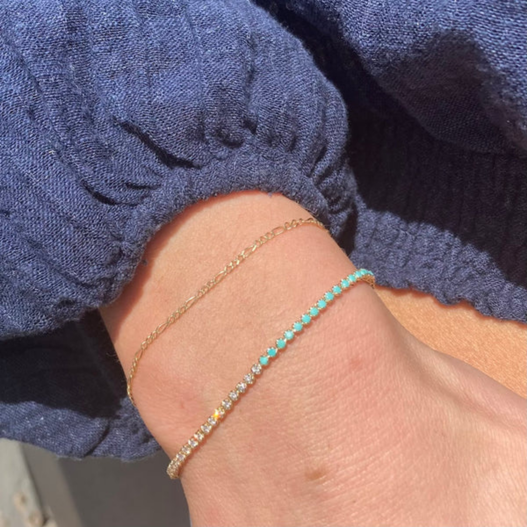 Turquoise & Diamond 50-50 Tennis Bracelet in 14K/18K White Gold - Evara Jewelry LLC