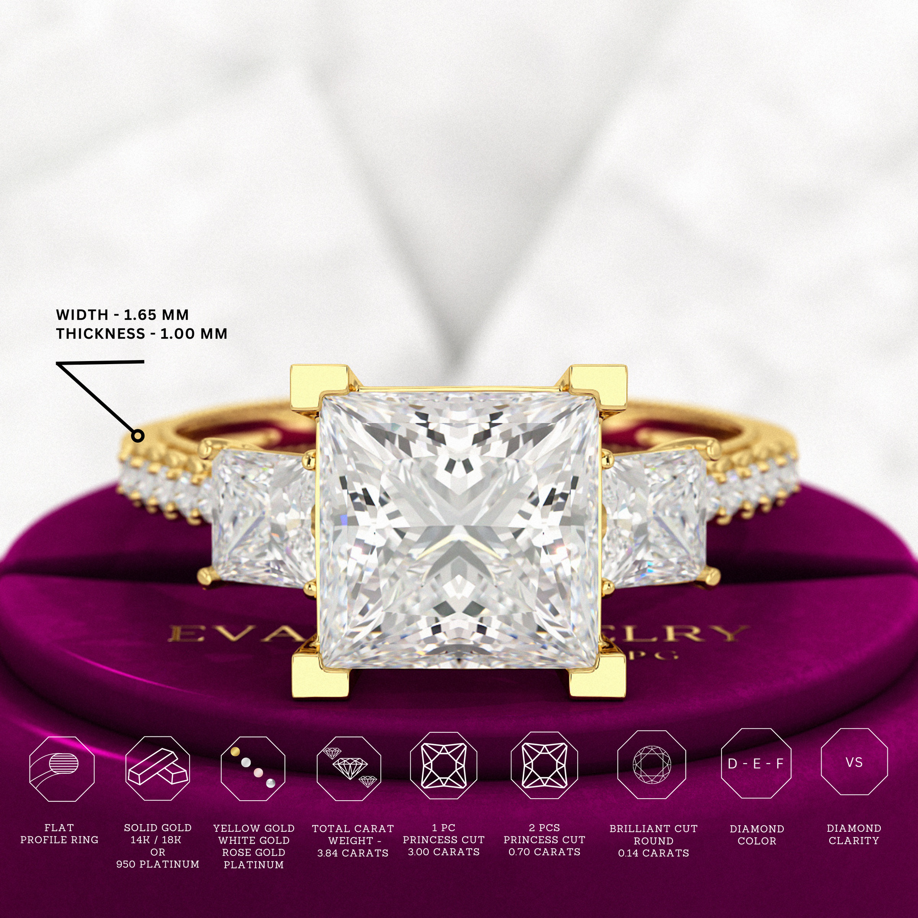 3 Carat Princess Cut Lab Grown Diamond Wedding Ring - Evara Jewelry LLC