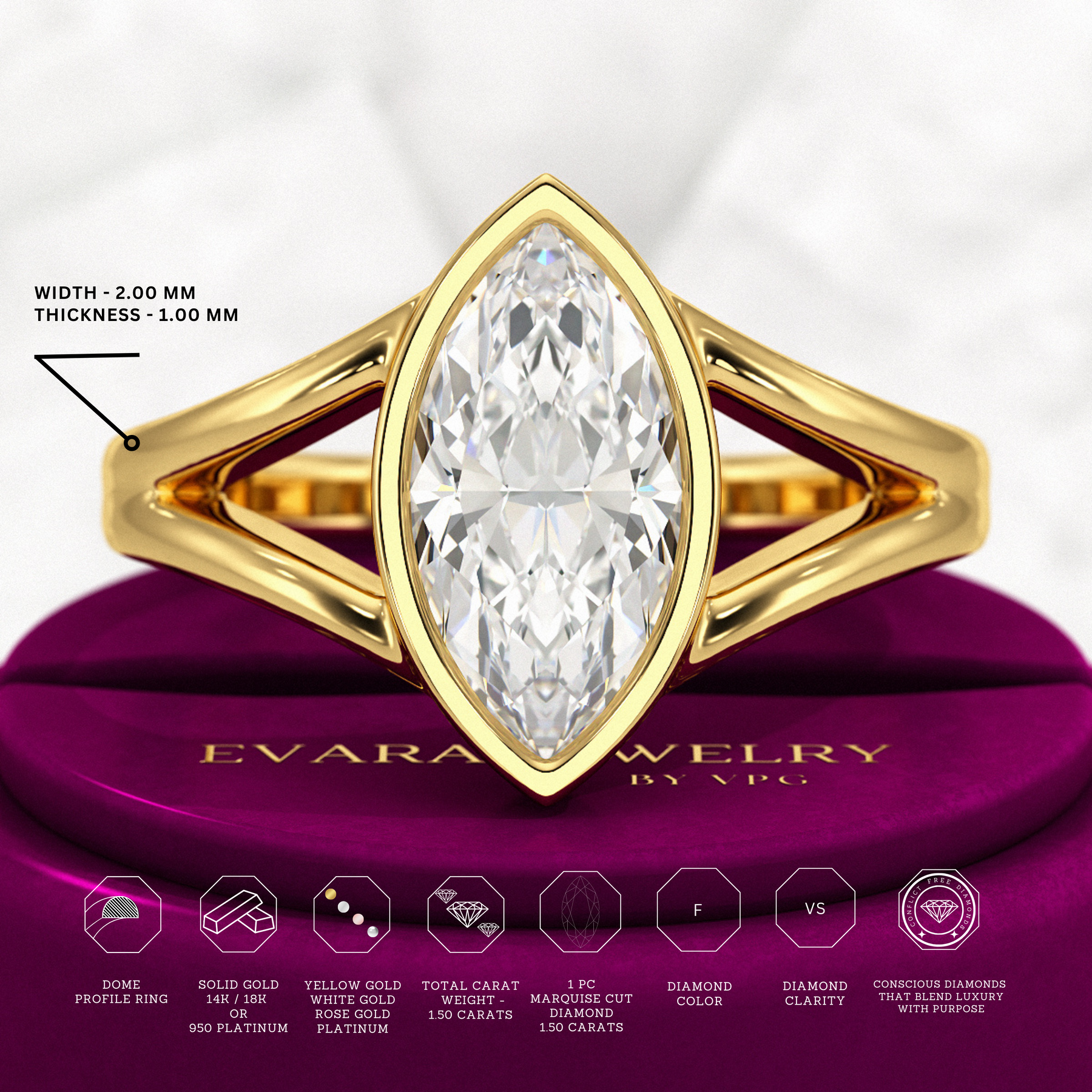1.50 Carat Marquise Cut Modern Lab Grown Diamond Solitaire Ring - Evara Jewelry LLC