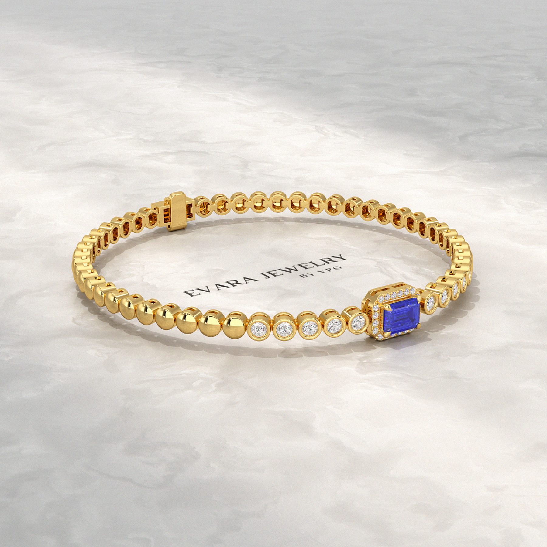 Diamond Tennis Bracelet with Emerald Cut Tanzanite in 14K Solid Gold - Evara Jewelry LLC