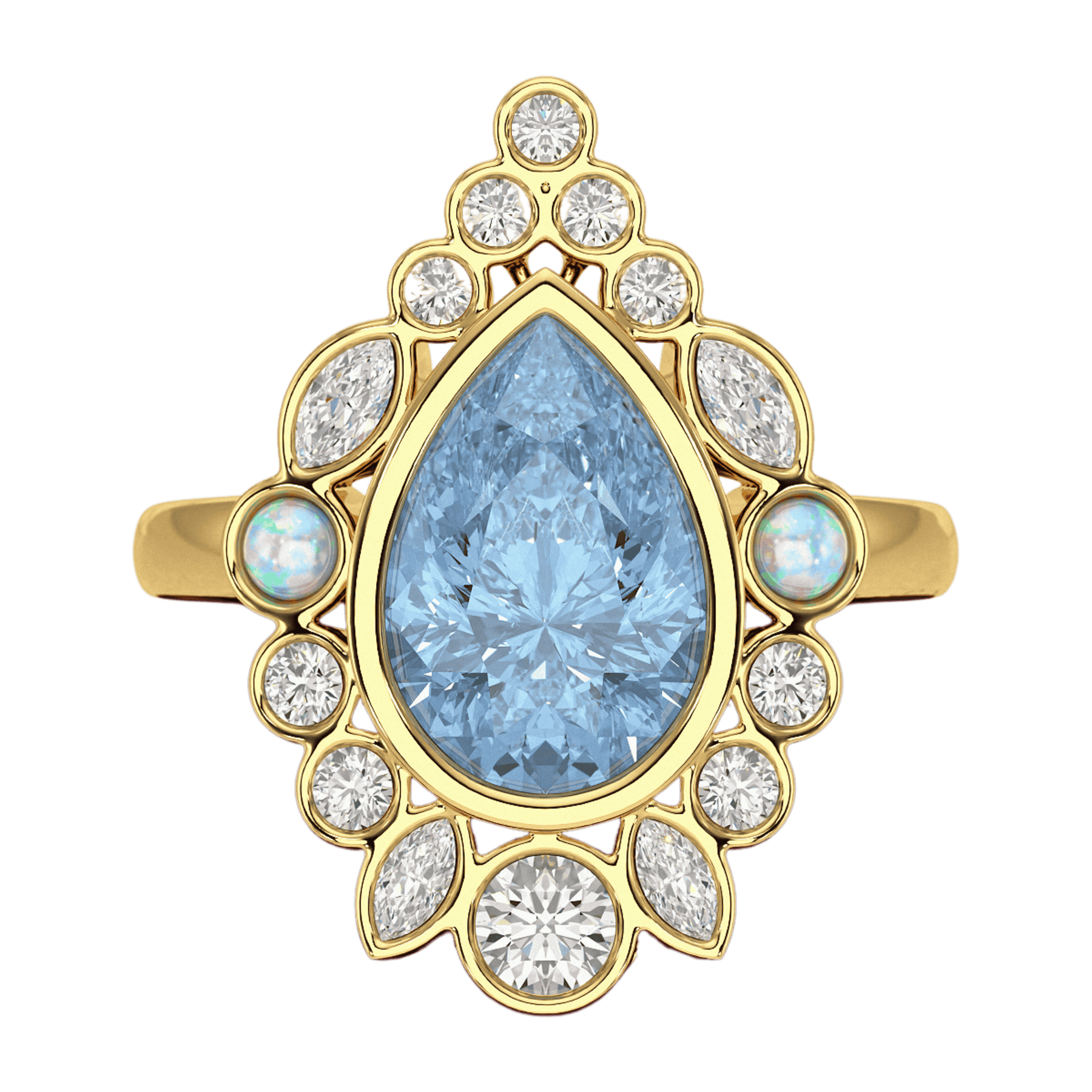 3 Carat Pear Cut Ice Blue Diamond Art Deco Ring with Opal