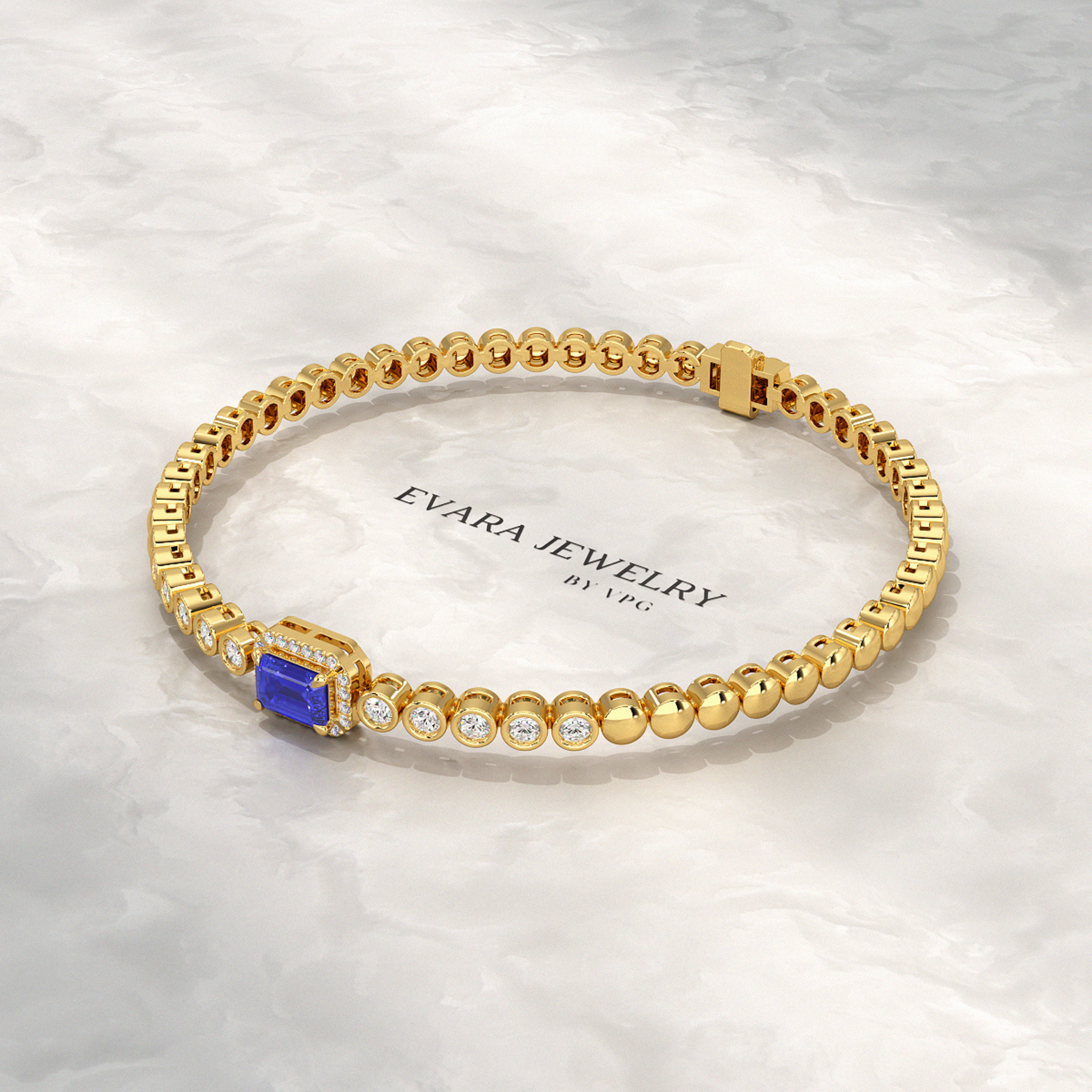 Diamond Tennis Bracelet with Emerald Cut Tanzanite in 14K Solid Gold - Evara Jewelry LLC