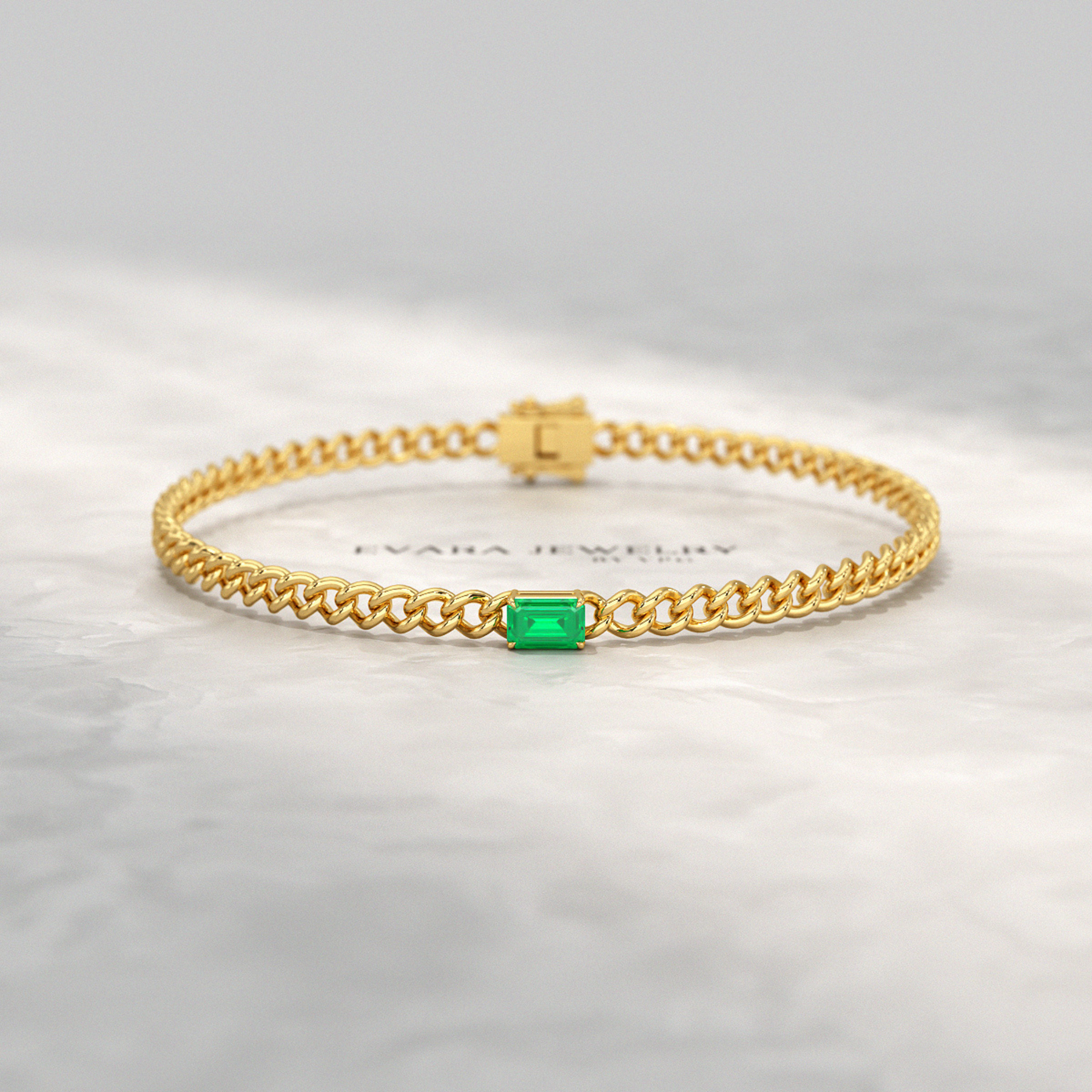 Natural Emerald Cuban Chain Link Statement Bracelet in 14K Yellow Gold - Evara Jewelry LLC