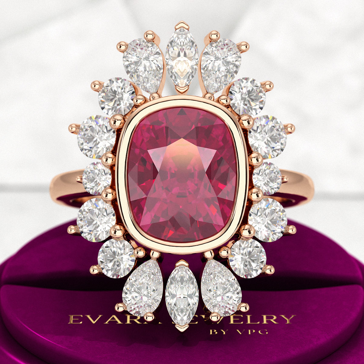 Natural Rubellite Tourmaline Cushion & CVD Diamond Art Deco Wedding Ring - Evara Jewelry LLC