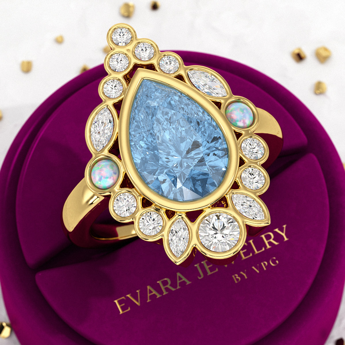 3 Carat Pear Cut Ice Blue Diamond Art Deco Ring with Opal - Evara Jewelry LLC