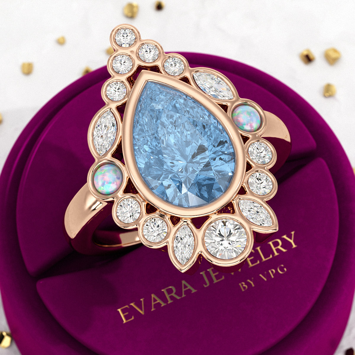 3 Carat Pear Cut Ice Blue Diamond Art Deco Ring with Opal - Evara Jewelry LLC