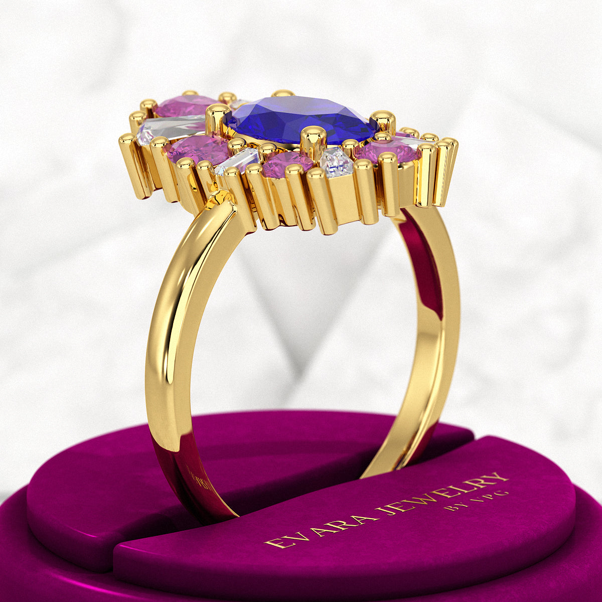 Tanzanite Tourmaline & Diamond Victorian Era Engagement Ring - Evara Jewelry LLC
