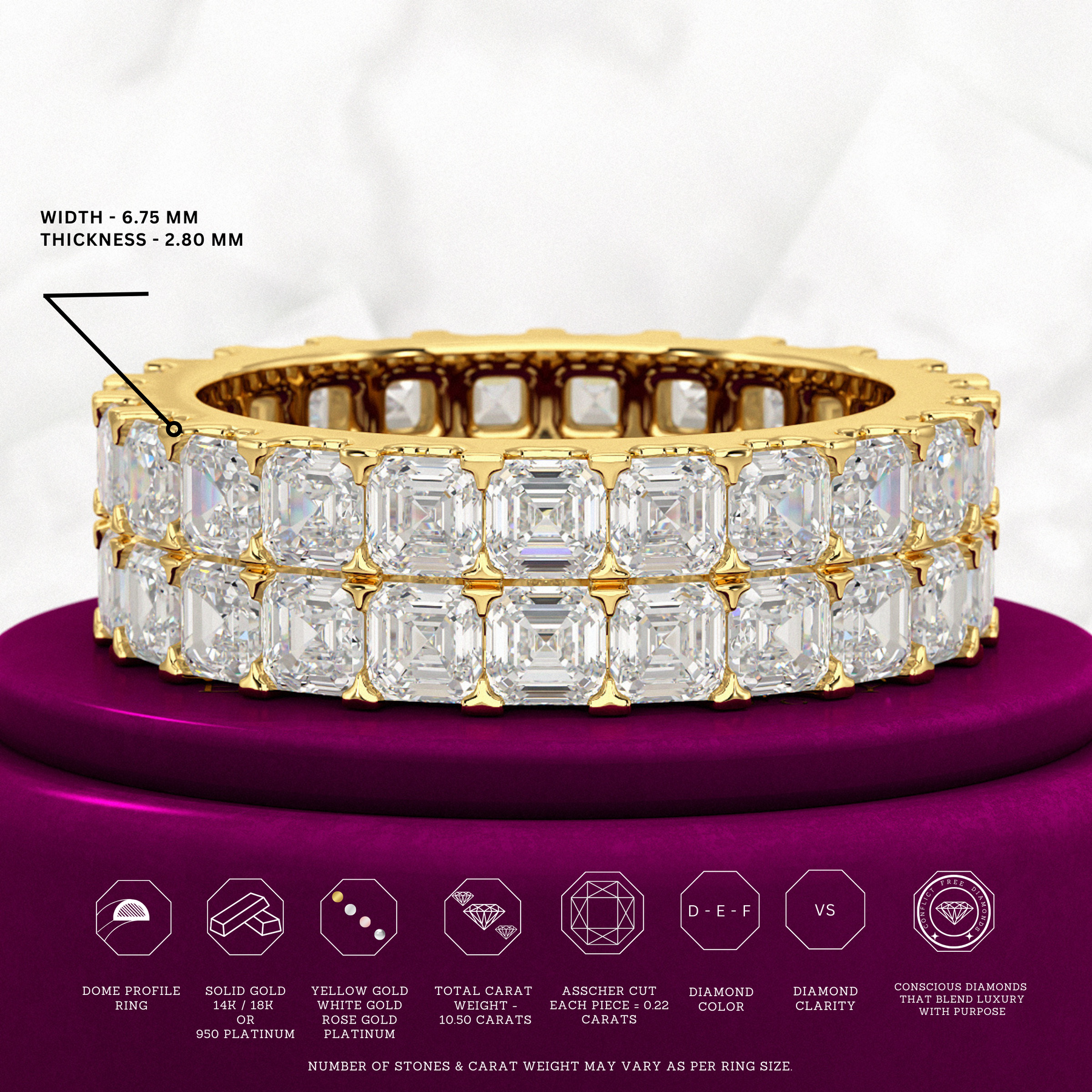 10 Carat Asscher Cut Diamond Wedding Band - Evara Jewelry LLC