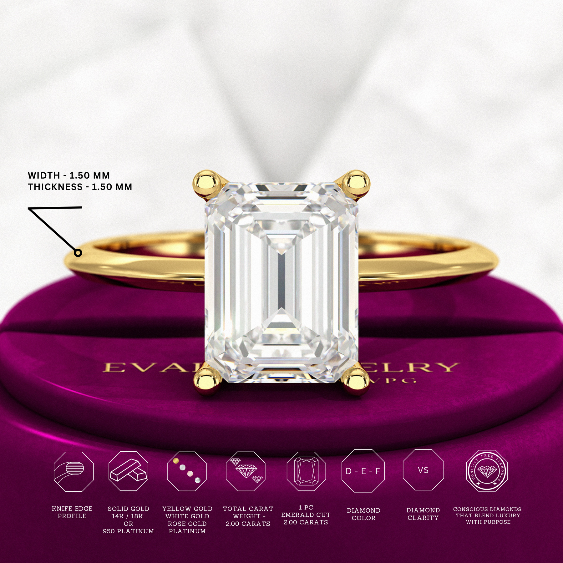 2 Carat Emerald Cut Diamond Knife Edge Solitaire Engagement Ring - Evara Jewelry LLC