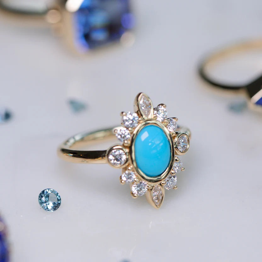 Diamond & Natural Turquoise Art Deco Statement Oval Wedding Ring - Evara Jewelry LLC