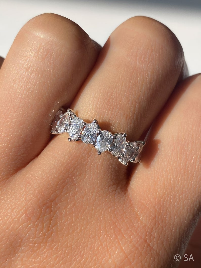 North South Pear Cut Diamond Art Deco Half Eternity Stacking Band - Evara Jewelry LLC
