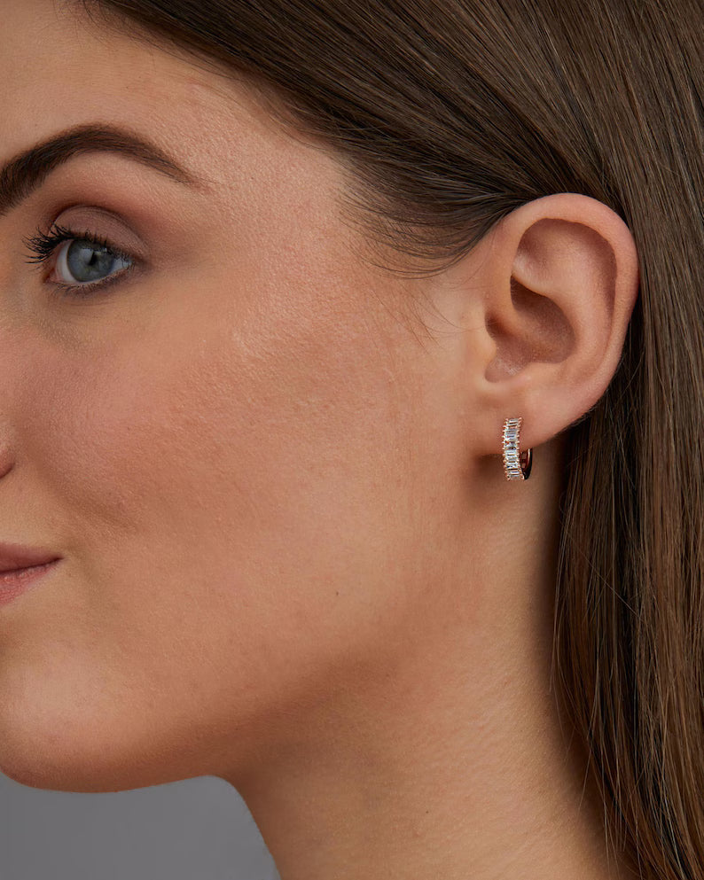 Baguette Cut Lab Grown Diamond Hoop Earrings: Art Deco Huggies, 14K Gold Everyday Wear