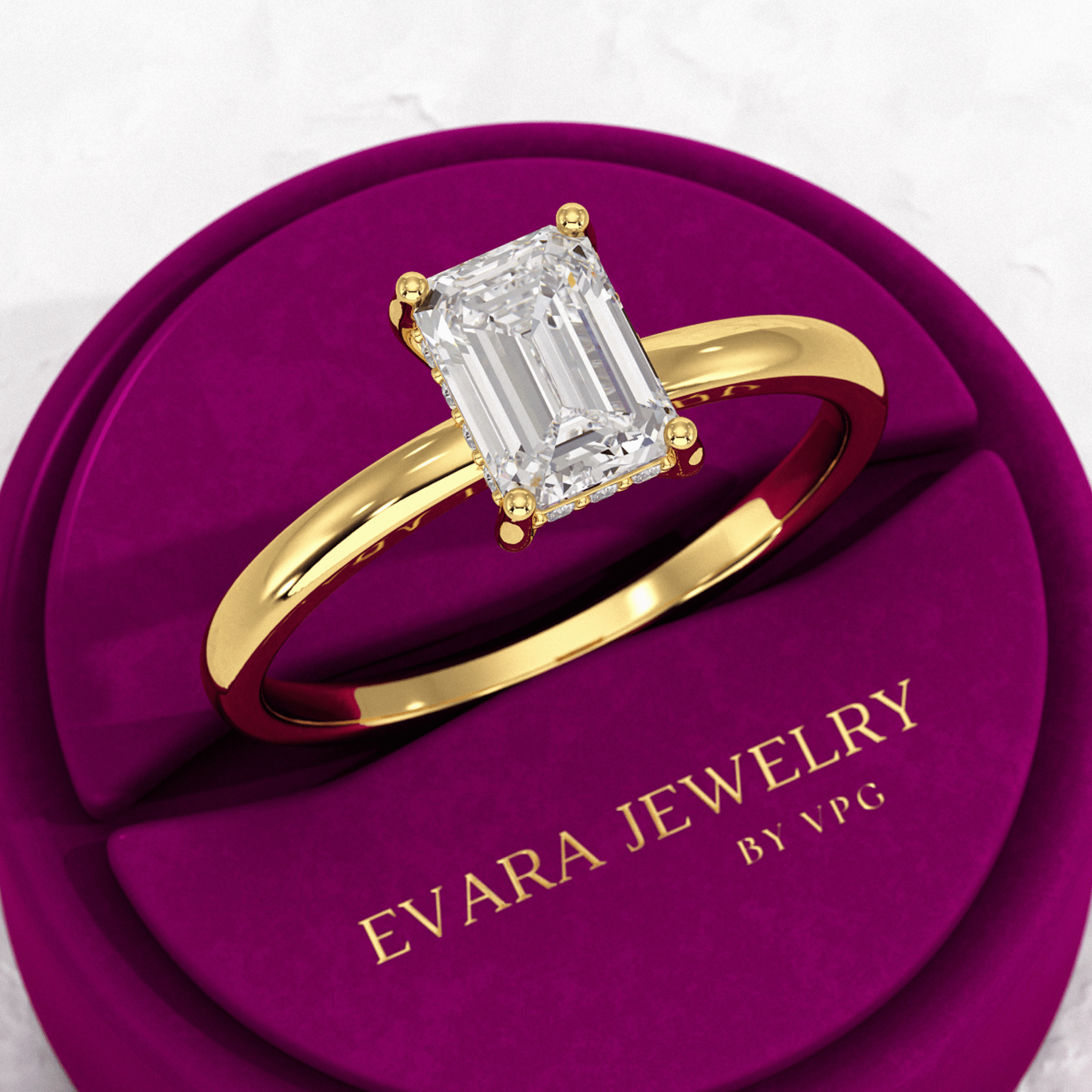 1 Carat Emerald Diamond Minimalist Ring with Hidden Halo in 14K Yellow Gold - Evara Jewelry LLC