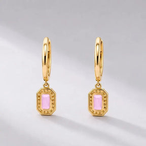 1 Carat Natural Pink Sapphire Hoop Earrings: Emerald Cut, 14K Yellow Gold - Evara Jewelry LLC