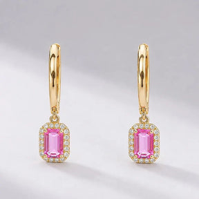 1 Carat Natural Pink Sapphire Hoop Earrings: Emerald Cut, 14K Yellow Gold - Evara Jewelry LLC