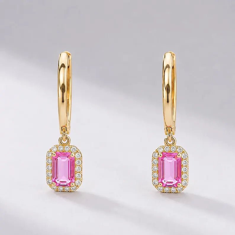 1 Carat Natural Pink Sapphire Hoop Earrings: Emerald Cut, 14K Yellow Gold - Evara Jewelry LLC