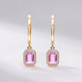 1 Carat Natural Pink Sapphire Hoop Earrings: Emerald Cut, 14K Yellow Gold - Evara Jewelry LLC