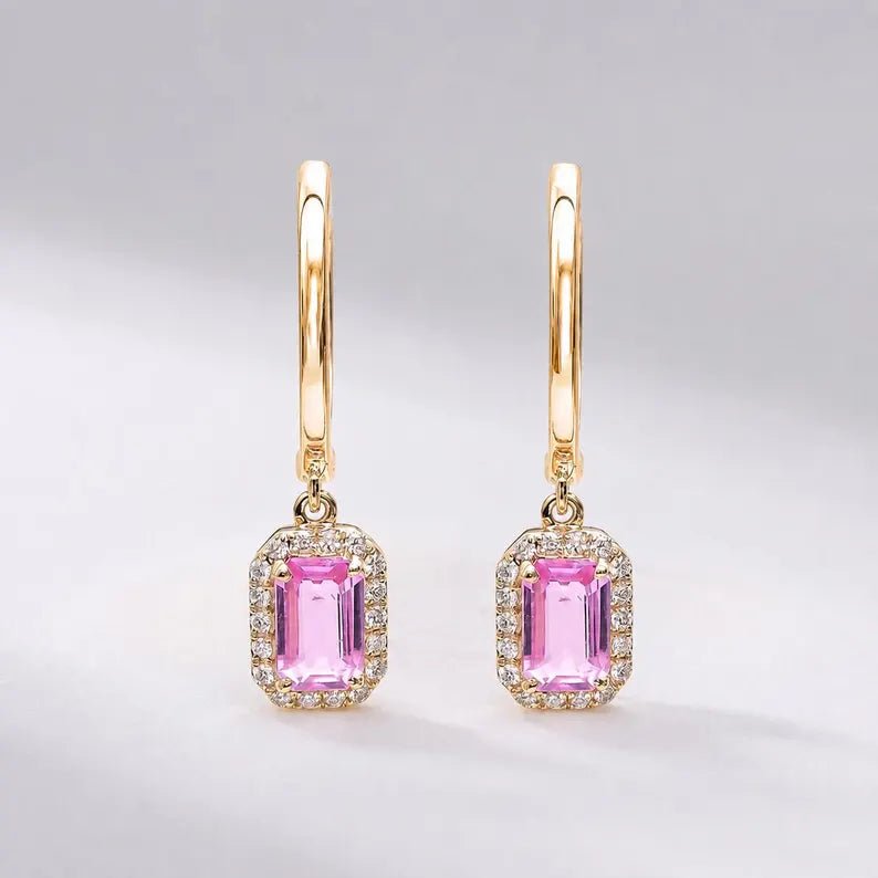 1 Carat Natural Pink Sapphire Hoop Earrings: Emerald Cut, 14K Yellow Gold - Evara Jewelry LLC