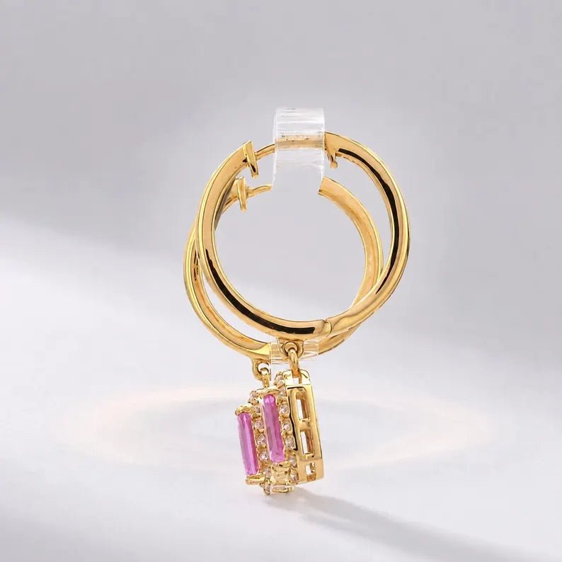 1 Carat Natural Pink Sapphire Hoop Earrings: Emerald Cut, 14K Yellow Gold - Evara Jewelry LLC