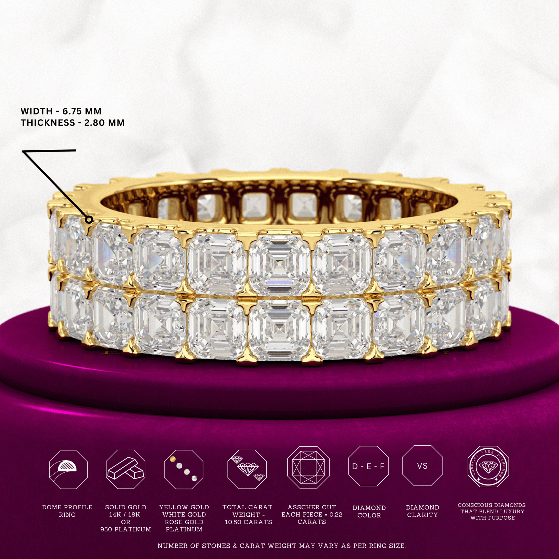 10 Carat Asscher Cut Diamond Wedding Band - Evara Jewelry LLC