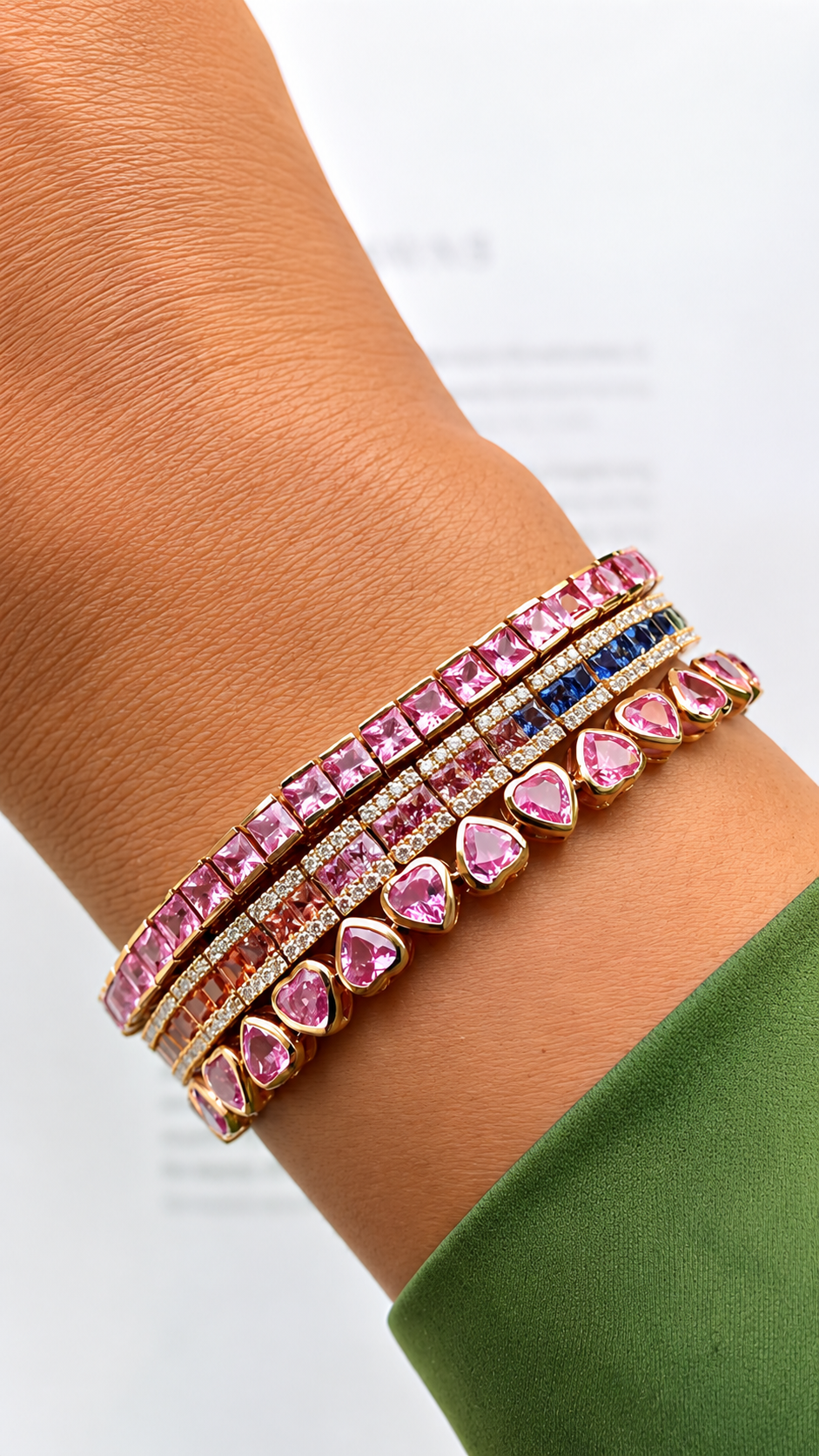 7 Carat Natural Pink Sapphire Princess-Cut Half-Bezel Tennis Bracelet in 18K Gold
