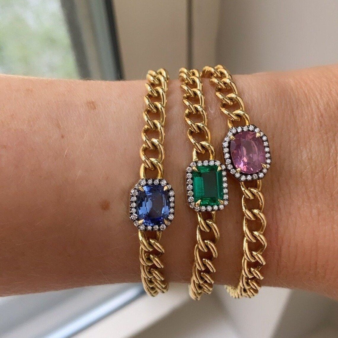 10K Solid Gold Cuban Chain Link Bracelet with Natural Blue Sapphire & Lab Grown Diamonds - Evara Jewelry LLC