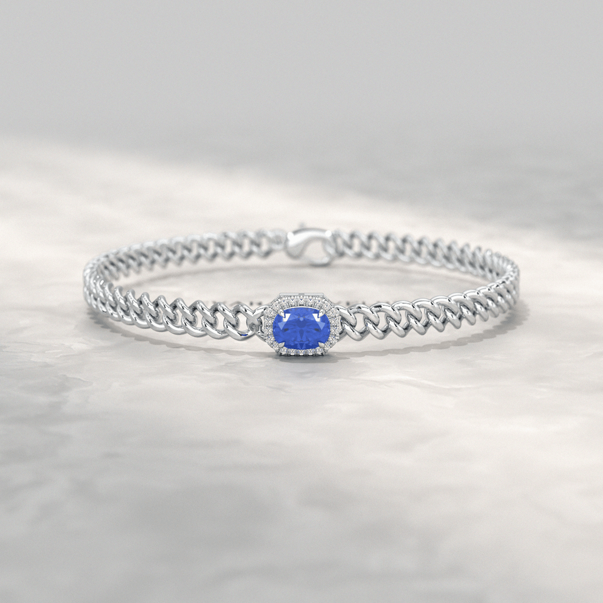 10K Solid Gold Cuban Chain Link Bracelet with Natural Blue Sapphire & Lab Grown Diamonds - Evara Jewelry LLC