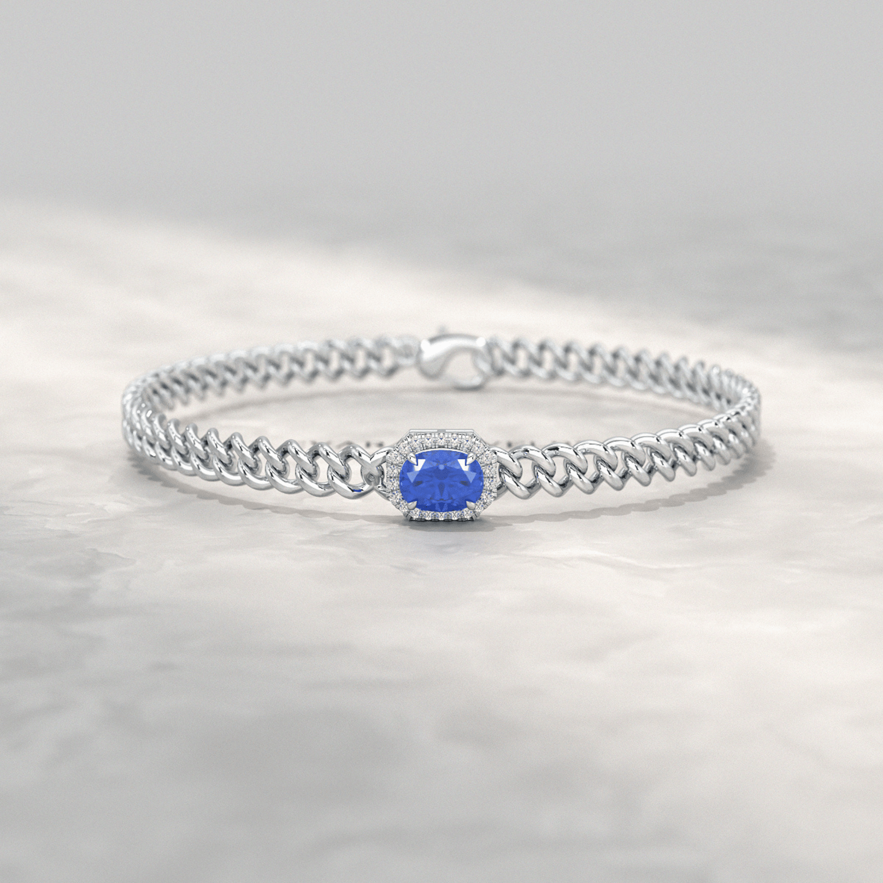 10K Solid Gold Cuban Chain Link Bracelet with Natural Blue Sapphire & Lab Grown Diamonds - Evara Jewelry LLC