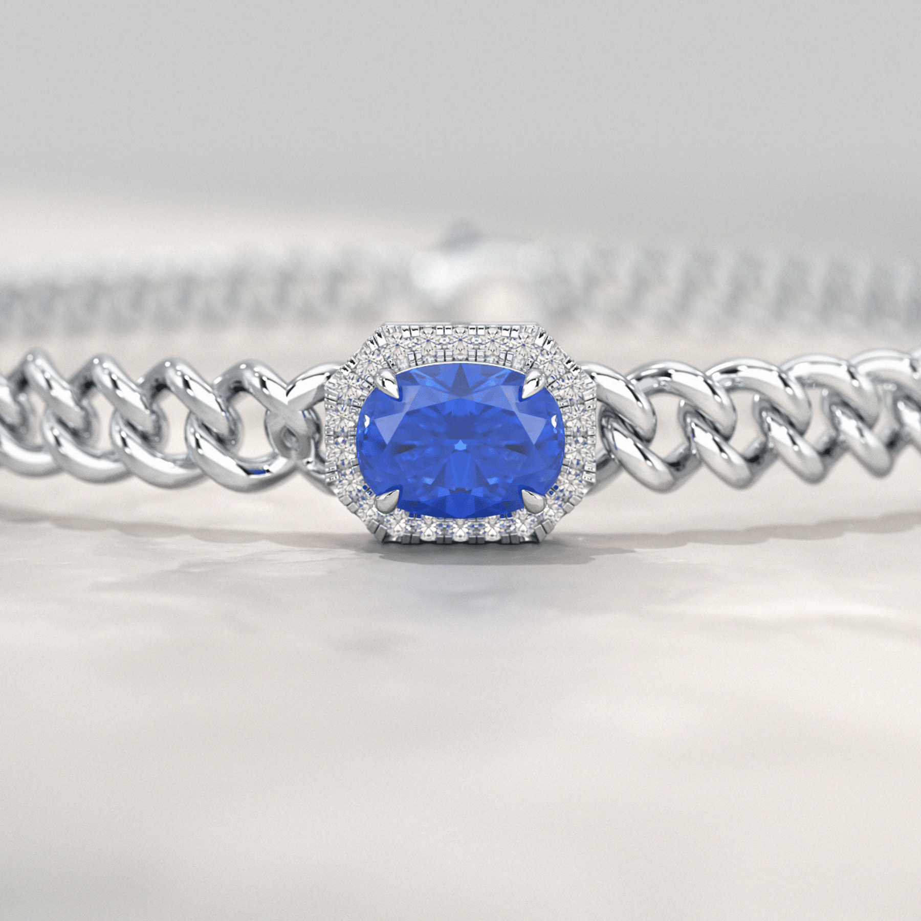 10K Solid Gold Cuban Chain Link Bracelet with Natural Blue Sapphire & Lab Grown Diamonds - Evara Jewelry LLC