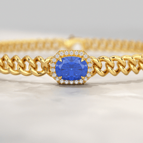 10K Solid Gold Cuban Chain Link Bracelet with Natural Blue Sapphire & Lab Grown Diamonds - Evara Jewelry LLC