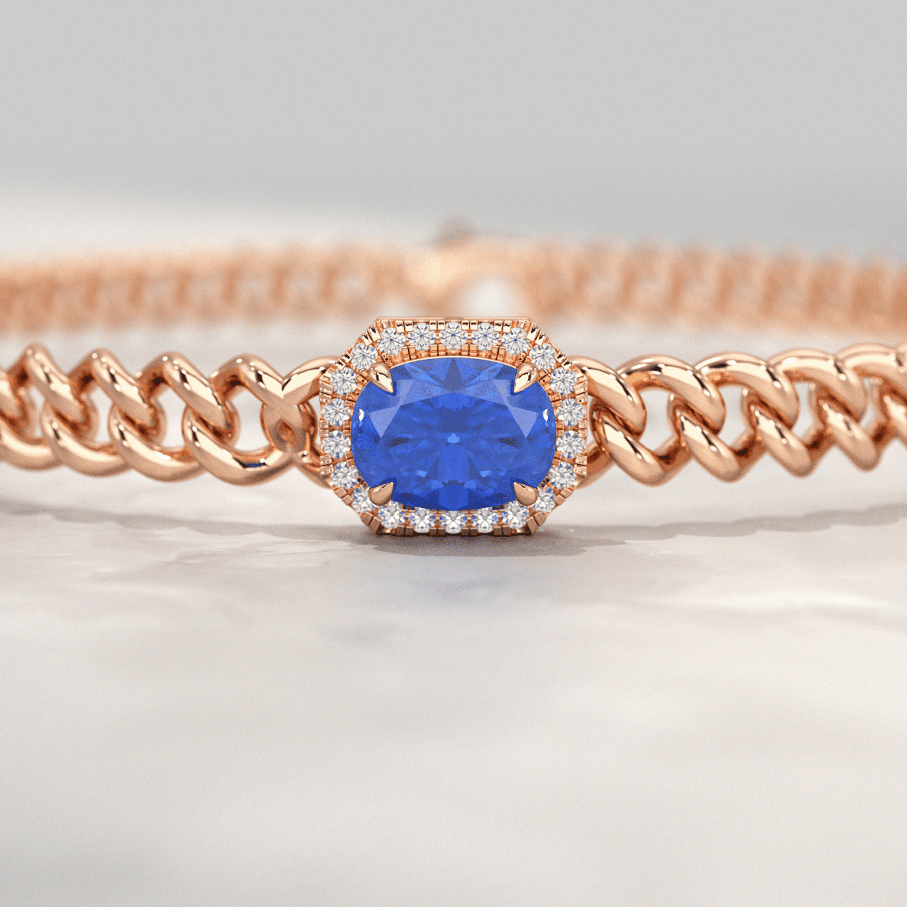 10K Solid Gold Cuban Chain Link Bracelet with Natural Blue Sapphire & Lab Grown Diamonds - Evara Jewelry LLC