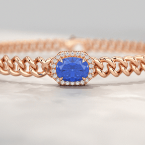 10K Solid Gold Cuban Chain Link Bracelet with Natural Blue Sapphire & Lab Grown Diamonds - Evara Jewelry LLC