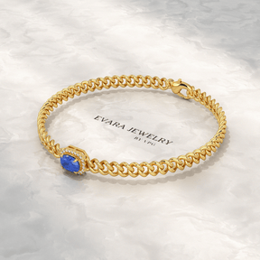 10K Solid Gold Cuban Chain Link Bracelet with Natural Blue Sapphire & Lab Grown Diamonds - Evara Jewelry LLC