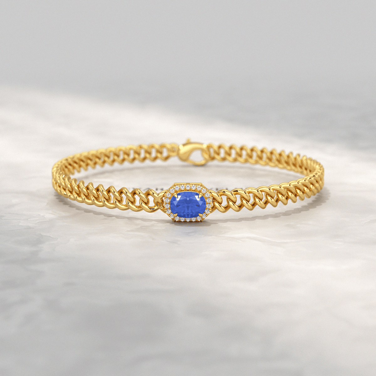 10K Solid Gold Cuban Chain Link Bracelet with Natural Blue Sapphire & Lab Grown Diamonds - Evara Jewelry LLC