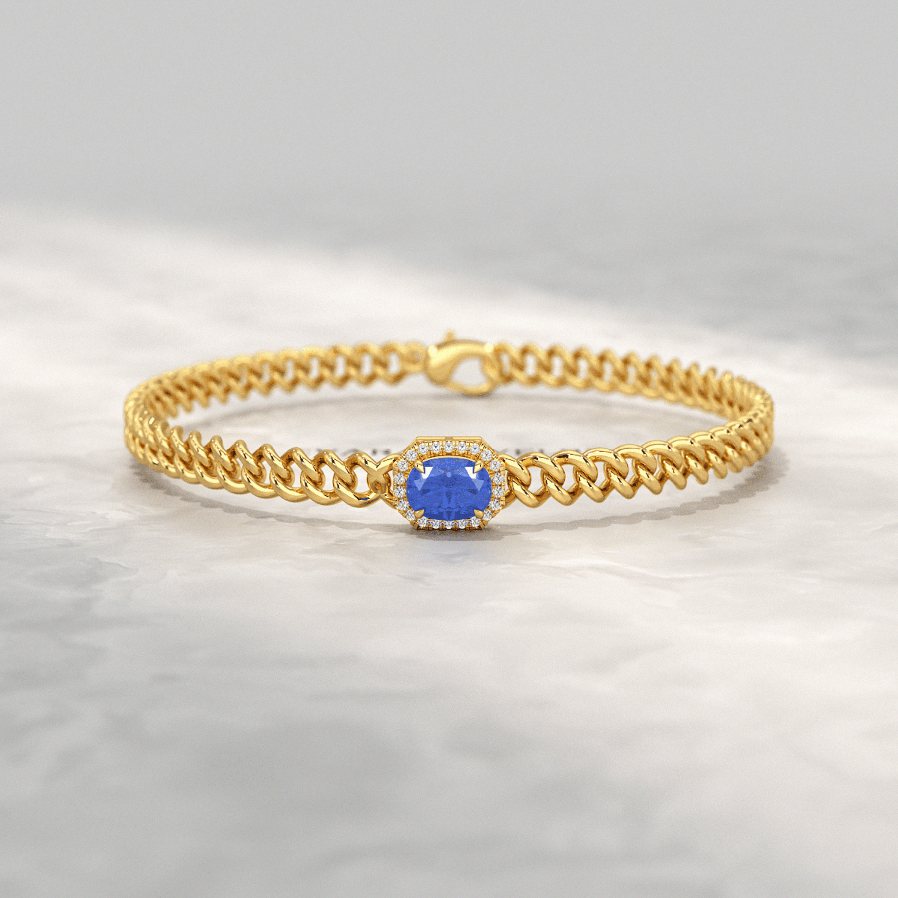 10K Solid Gold Cuban Chain Link Bracelet with Natural Blue Sapphire & Lab Grown Diamonds - Evara Jewelry LLC