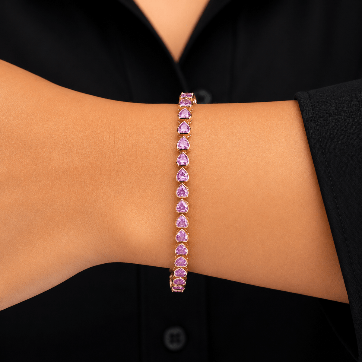 11 Carat Heart-Cut Natural Pink Sapphire Bezel Bracelet in 14K Gold - Evara Jewelry LLC