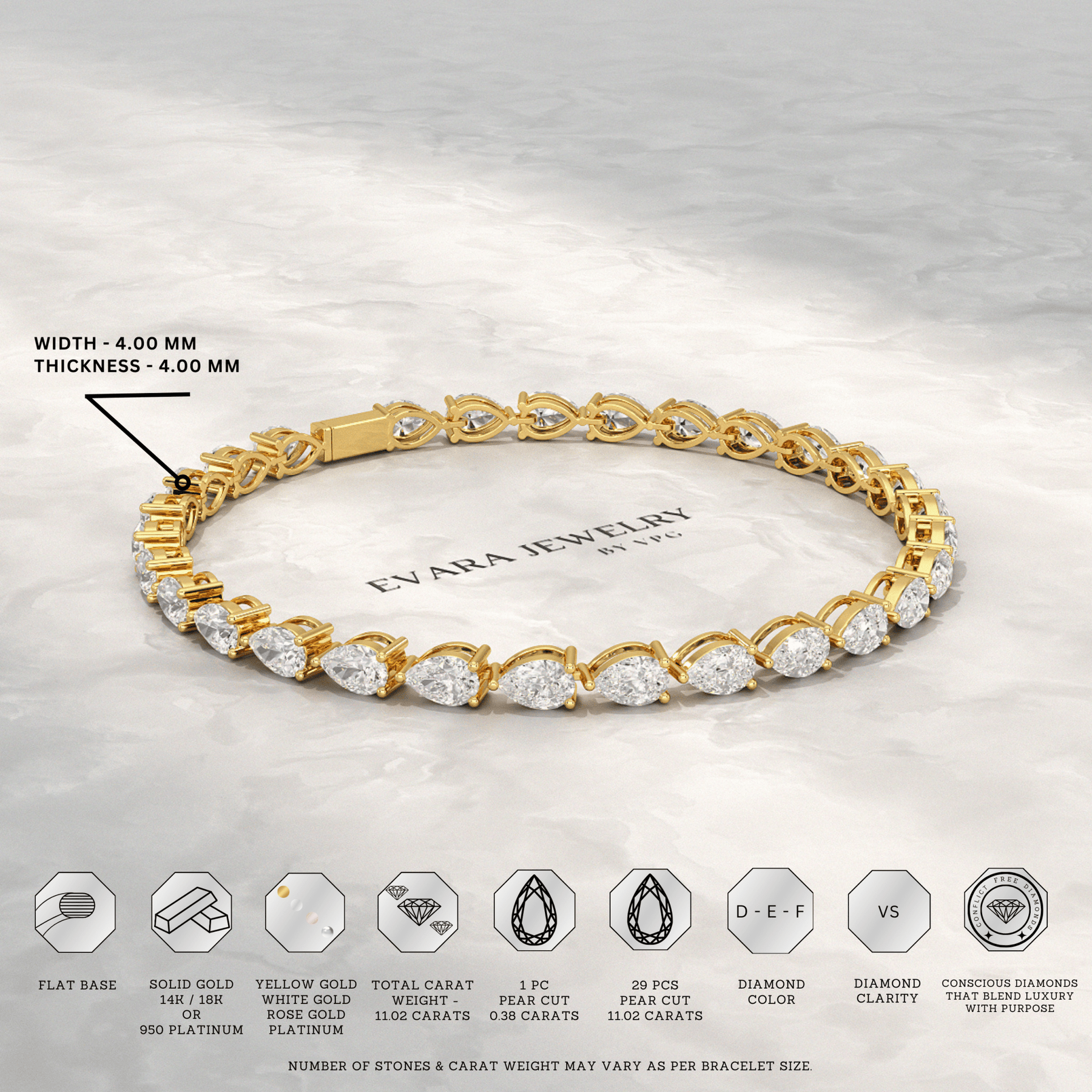 11 Carats Pear Cut Diamond Luxury Tennis Bracelet - Evara Jewelry LLC