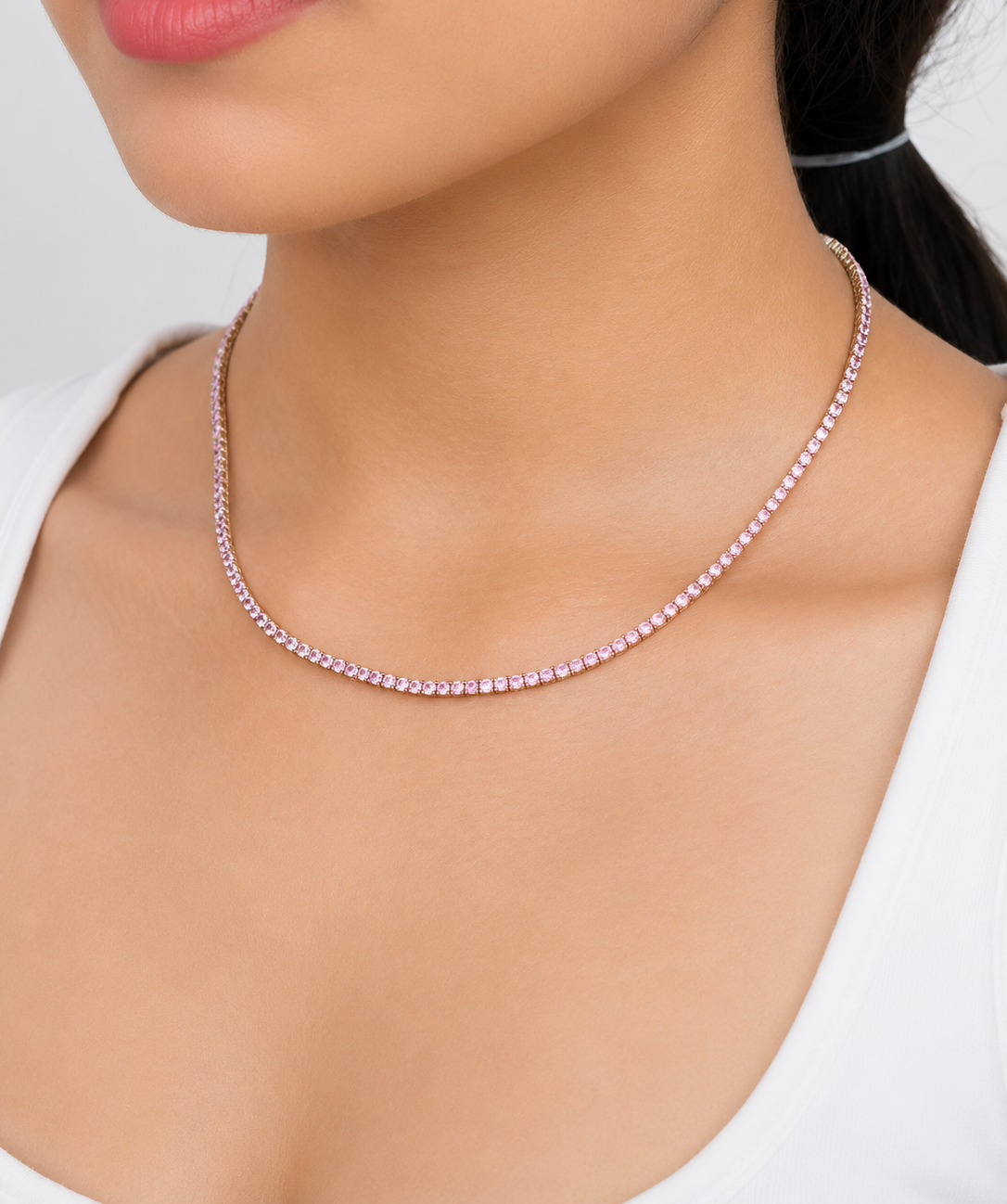 9 Carat Natural Pink Sapphire and Diamond Tennis Choker Necklace in 14K Solid Gold