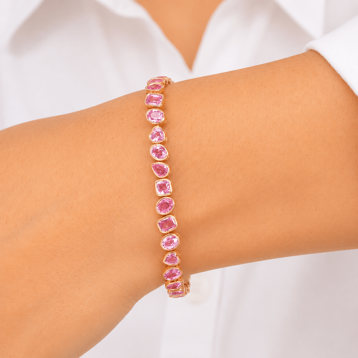 12 Carat Natural Pink Sapphire Mixed-Shape Tennis Bracelet in 14K Gold - Evara Jewelry LLC