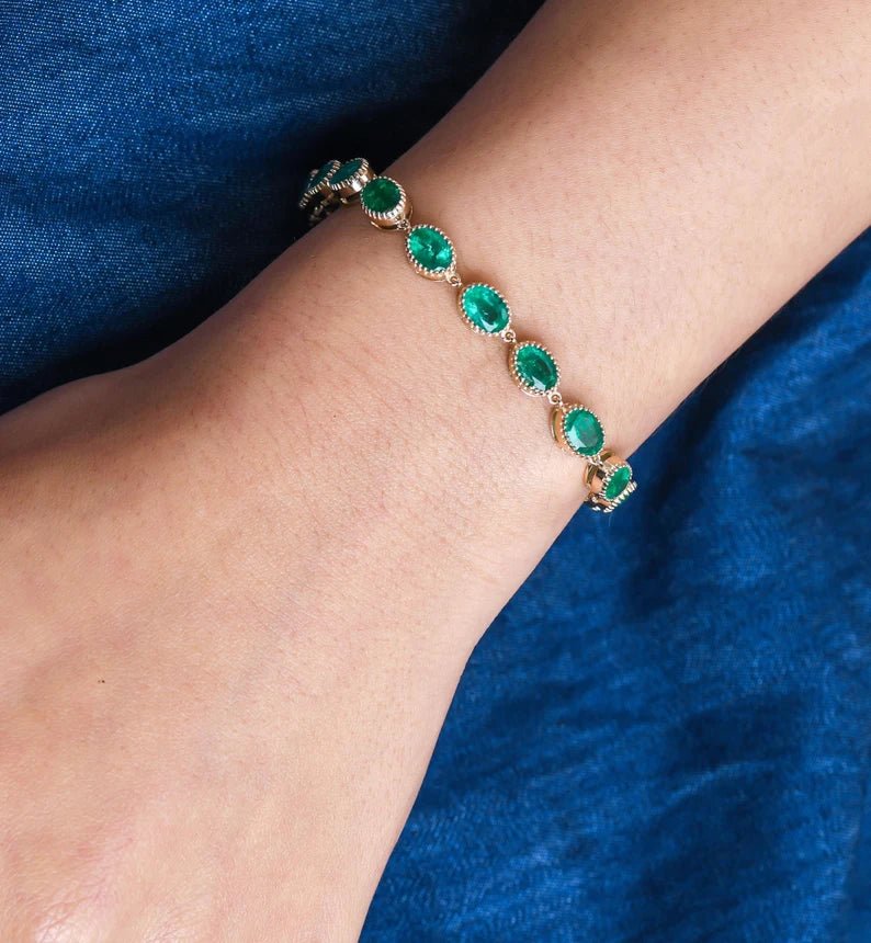 12 Carat Natural Zambian Emerald Oval Tennis Bracelet in 14K Gold - Evara Jewelry LLC
