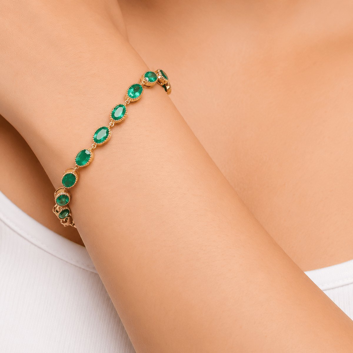 12 Carat Natural Zambian Emerald Oval Tennis Bracelet in 14K Gold - Evara Jewelry LLC