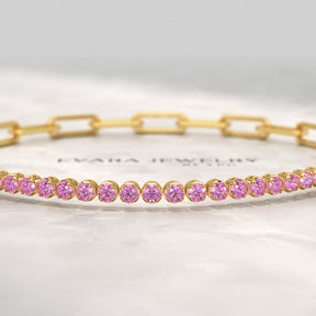 1.34 Carat Natural Pink Sapphire & Paperclip 50 - 50 Tennis Bracelet - Evara Jewelry LLC