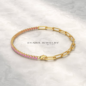 1.34 Carat Natural Pink Sapphire & Paperclip 50 - 50 Tennis Bracelet - Evara Jewelry LLC